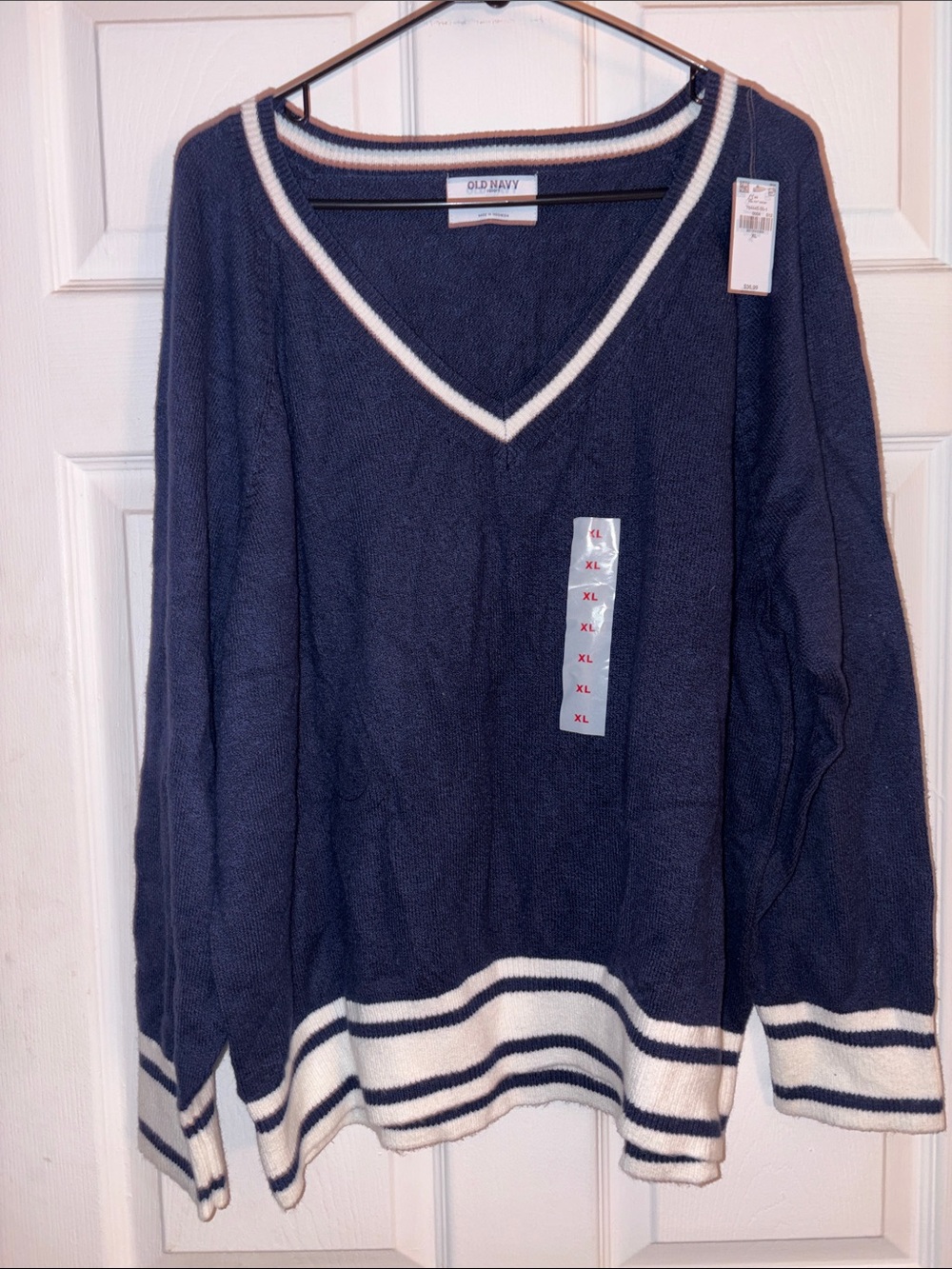 Old Navy Navy V-Neck Sweater with Cream Stripe Trim